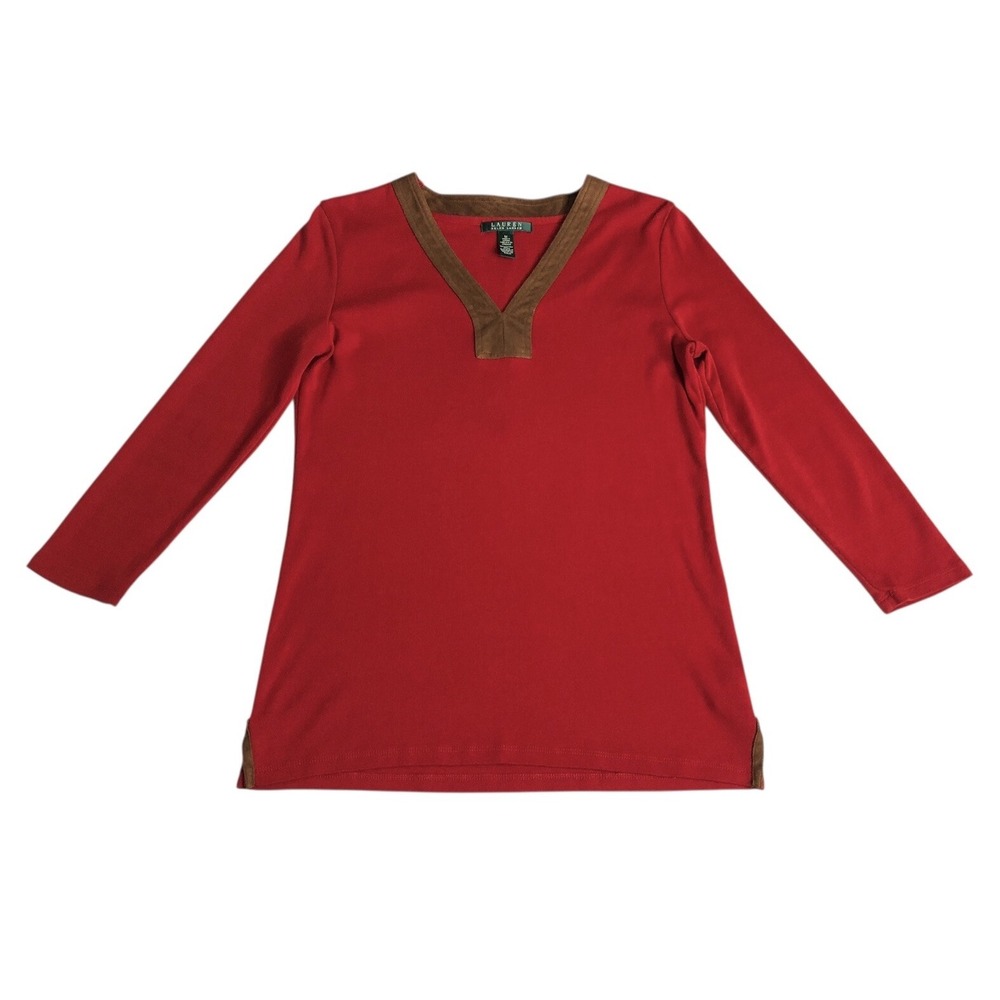 Lauren Ralph Lauren Top Women M Red Faux Suede Trim V Neck 3/4 Sleeve Preppy